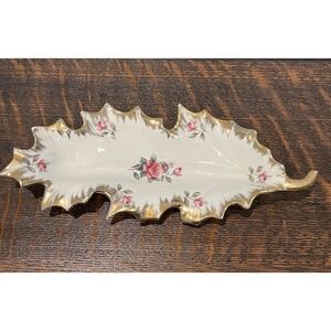 VTG Trinket Serving Dish 9.5 Inch Porcelain Pink Roses Gold Gilt Japan‎ Leaf